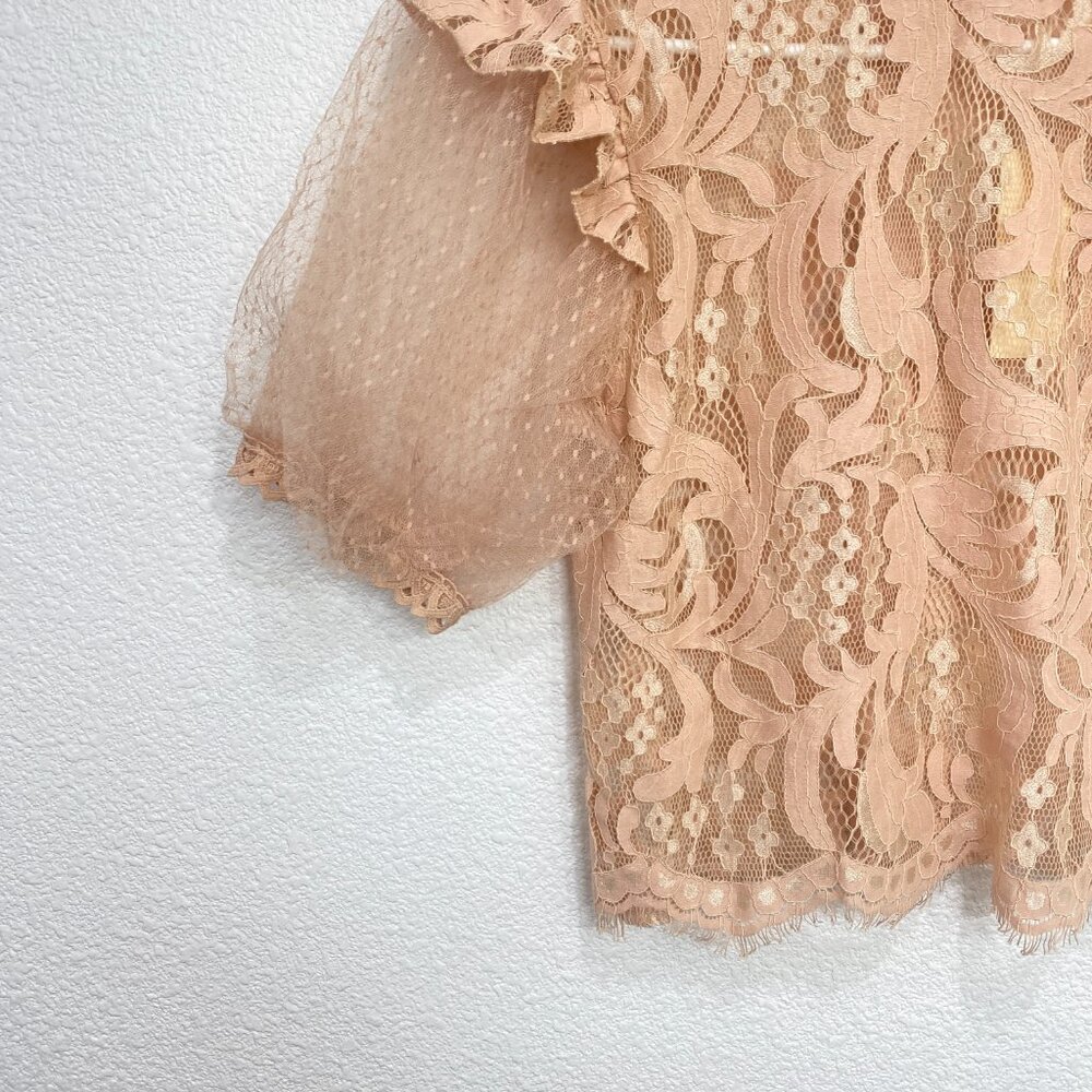 Peach Lace Puff Sleeve Blouse Boho Chic Floral Top Nude Size M - Picture 5 of 7